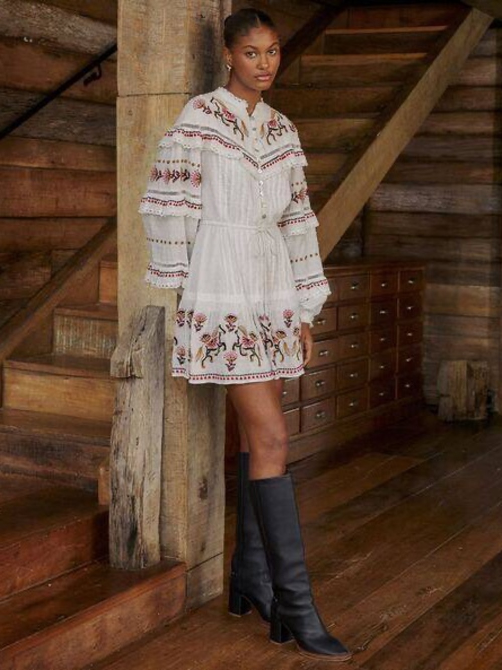 FARM Rio Embroidered Horses Ruffle Mini Dress Off White Size M NWT